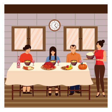 Şükran Günü konsepti Aile üyelerinin geleneksel bayram yemekleriyle bir yemek masasının etrafında toplanması, bir hoş geldin yemeği ortamında birlikteliği ve kutlamayı ifade ediyor. Düz vektör modern resimleme