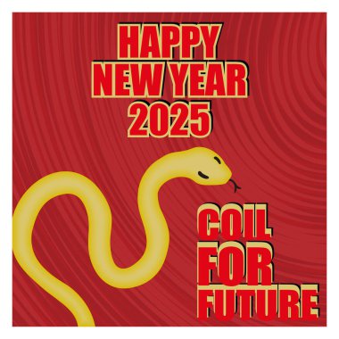 Kırmızı arka planda sarı bir yılan 2025 yılını karşılayan cesur metinlerle ve gelecek için ilham verici olumlulukla. Düz vektör modern resimleme