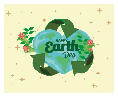 Kalp şeklinde Dünya gezegeni geri dönüşüm okları ve çiçek dekoru ile çevrili. Çevresel farkındalık kampanyaları için mükemmel. Düz vektör modern resimleme