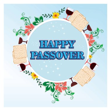 Matza, şarap ve çiçeklerle süslenmiş bu zarif resimle Hamursuz Bayramı tatili. Bayram kutlamaları ve geleneksel Yahudi geleneklerini kutlamak için mükemmel. Düz vektör modern resimleme