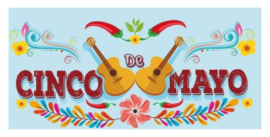 Cinco de Mayo metni, gitarlar ve Meksika kültürünü ve geleneklerini kutlayan canlı dekoratif öğeler. Etkinlikler, reklamlar ve temalı yaratıcı projeler için mükemmel. Düz vektör modern resimleme
