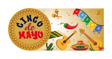 Cinco De Mayo 'nun ruhunu canlı Meksika temalı gitar, sombrero, kırmızı biber, marakas ve geleneksel dekorasyonlarla tasvir eden şenlikli bir görüntü. Düz vektör modern resimleme