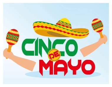 Cinco de Mayo kutlama teması canlı renkler, sombrero, marakas ve kalın metinlerle. Meksika kültürünü tanıtmak için mükemmel. Düz vektör modern resimleme