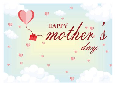 İçinde kalp şeklinde balonlar olan Anneler Günü tebrik kartı, açık renkli arka planda bir hediye ve yumuşak bulutlar, aşkı, kutlamayı ve takdiri simgeliyor. Düz vektör modern resimleme