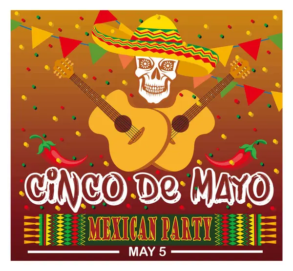 Cinco de Mayo şenlik tasarımı, parlak Meksika temalı arka planda sombrero, gitar, kırmızı biber ve renkli parti dekorasyonları içeren bir kafatası içeriyor. Düz vektör modern resimleme