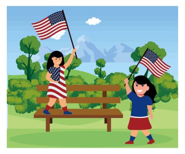 Güneşli bir günün tadını çıkaran iki çocuk, dışarıda bir parkta coşkuyla Amerikan bayraklarını sallıyor, Bağımsızlık Günü etkinliklerinde neşe ve vatanseverliğin somutlaştırıyor. Düz vektör modern resimleme
