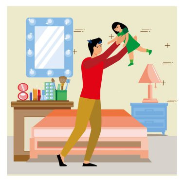 Sevgi dolu bir baba, kızını sıcak ve renkli bir aile yatak odasında mutlu bir şekilde tutar. Düz vektör modern resimleme