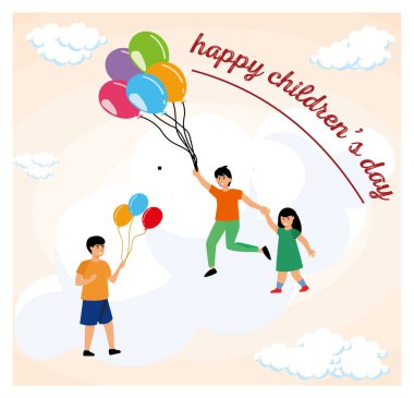 Çocuk Günü 'nü gökyüzünün arka planında balon tutan neşeli çocuklarla ve kabarık bulutlarla kutluyoruz. Düz vektör modern resimleme