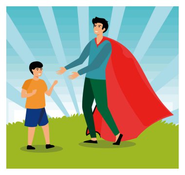 Kırmızı süper kahraman kostümü giyen ebeveynler çocuklarıyla dışarıda mutlu bir şekilde etkileşime geçiyorlar. Düz vektör modern resimleme