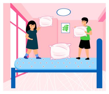 İki çocuk canlı pembe temalı yatak odasındaki bir yatakta şakacı bir yastık kavgasına tutuşur. Düz vektör modern resimleme