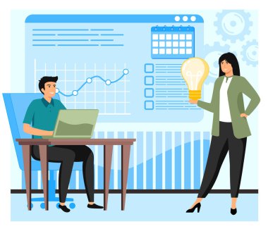 İki meslektaş yenilikçi fikirleri tartışıyor ve iş ortamında veri grafiklerini analiz ediyorlar. Ofiste yaratıcı takım çalışması. Düz vektör modern resimleme