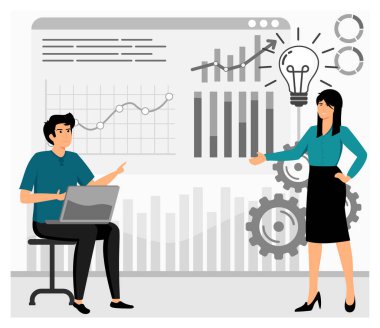 Bir toplantıda işbirliği yapan, veri grafiklerini analiz eden ve istatistikleri görselleştiren, takım çalışmasını, büyümeyi ve iş ortamında stratejik karar vermeyi sembolize eden iki iş adamı. Düz vektör modern resimleme