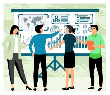 Etkileşimli grafikler ve küresel verilerin yer aldığı bir iş sunumunda birlikte çalışan bir grup profesyonel. Düz vektör modern resimleme