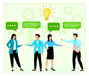 Bir iş yeri ortamında takım çalışması, iletişim ve yaratıcılığı vurgulayan konsept sembolleri ile birlikte işbirliği yapan ve fikirleri paylaşan bir grup profesyonel. Düz vektör modern resimleme