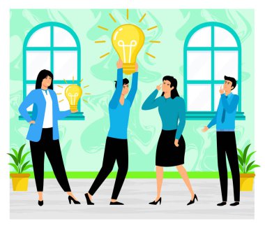 Dört profesyonel yenilikçi kavramları tartışırken, ampulleri yakıyor, ortak bir şirket ortamında fikir alışverişinde bulunuyor ve fikir üretme ve problem çözme üzerine yoğunlaşıyor. Düz vektör modern resimleme