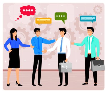 Profesyonel ilişkiler kuran ve etkileşim içinde olan iş adamları, takım çalışmasını, işbirliği ve kurumsal bir ortamda iletişimi sembolize eder. Düz vektör modern resimleme