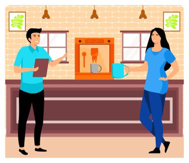 Arka planda kahve makinesiyle sıcak bir kafe ortamında, iletişimi, rahatlamayı ve sosyal bağlantıyı sembolize eden iki kişi arasında dostça bir etkileşim var. Düz vektör modern resimleme