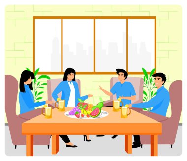 Bir grup iş arkadaşı, dinamik bir ofis ortamında içki ve meyvenin tadını çıkarırken günlük sohbete girişerek, canlandırıcı bir sosyal atmosferde işbirliği ve takım çalışmasını teşvik ediyorlar. Düz vektör modern resimleme