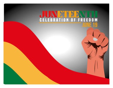 Afrika kökenli bayrak renkleri, Afrika kökenli ve yumruğunu kaldırmış olan güçlü bir Haziran kutlama tasarımı. Afro-Amerikan tarihi ve özgürleşmesinin etkili anısına özgürlük, eşitlik ve birliği sembolize ediyor. Düz vektör modern resimleme