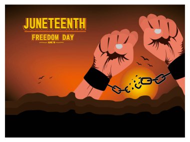 Haziran 'ı kutlarken, zincirlerin kırılışını canlı bir günbatımı geçmişine karşı canlandırıcı bir sembolizmle yakalıyor. Düz vektör modern resimleme