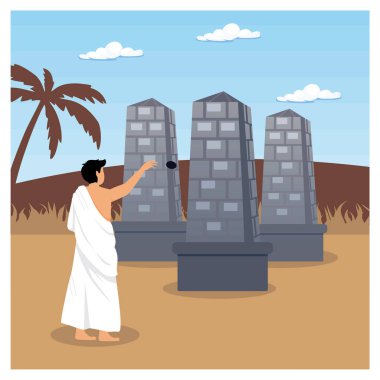 Mavi gökyüzünün altındaki sakin bir çölde sembolik yapılara taş atarak geleneksel hac ayinlerini gerçekleştiren bir kişinin ifadesi. Düz vektör modern resimleme