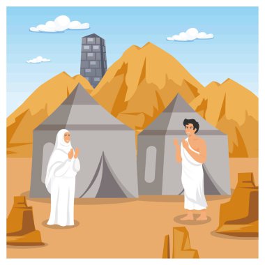 Çadırları ve dağları olan bir çölde manevi faaliyet gösteren iki hacı. Düz vektör modern resimleme