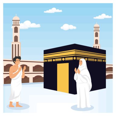 Hacc-ı Harem 'de, Kabe' nin yanında namaz kılan, imanı ve ibadeti simgeleyen iki hacı betimlemek. Düz vektör modern resimleme