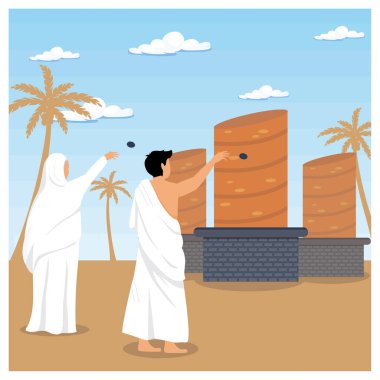 İki birey, inancı simgeleyen huzurlu bir çöl ortamına taş atmada birlikte yer alıyorlar. Düz vektör modern resimleme