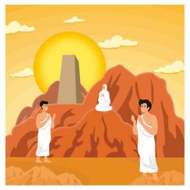 Geleneksel giysiler içinde kayalık çöl dağlarında ibadet eden bireyleri gösteriyor. Manzara, ilham verici bir çöl ortamında kültürel gelenekleri yansıtıyor. Düz vektör modern resimleme
