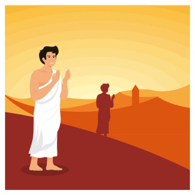 Huzurlu bir çöl ortamında, gün doğumu ve günbatımının ılık tonlarıyla huzur ve ruhaniliği vurgulayan geleneksel giysiler içinde dua eden birini betimlemek. Düz vektör modern resimleme