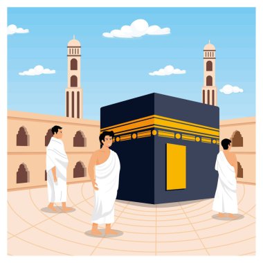 Mekke 'deki Kabe' de ruhani aktivitelere katılan hacıları göstererek dinsel ve huzurlu bir atmosfer yakaladılar. Düz vektör modern resimleme