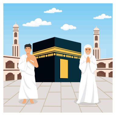 Kabe 'de dikilen iki hacı, geleneksel beyaz giysiler içinde parlak mavi bir gökyüzünün altında saflık ve bağlılığı simgeliyor. Düz vektör modern resimleme