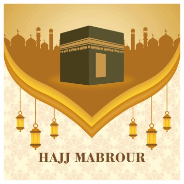 Kabe 'nin, altın motiflerin ve dekoratif lambaların yer aldığı, Kurban Bayramı' nda hac ziyaretini ve ruhsal bağlantıyı sembolize eden güzel tasarlanmış bir festival grafiği. Düz vektör modern resimleme