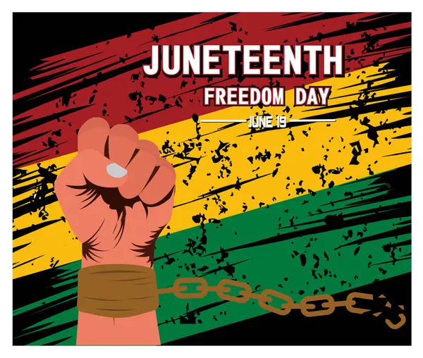 Özgürlük Günü kutlamalarını güçlü bir şekilde tasvir eden güçlü bir el kaldırma kolları ve kırık zincirlerle dinamik bir arka planda özgürlük ve güç gösterisi. Düz vektör modern resimleme