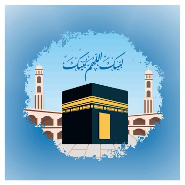Mekke 'deki Kabe' yi göstermek, Arap yazıtları ve camii çevreleriyle süslemek, maneviyat, inanç ve kültürel önem temalarını aktarmak. Düz vektör modern resimleme