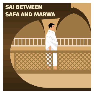 Safa ve Marwa arasındaki haccı gerçekleştiren bir hac, kutsal ve yapısal bir dini mekanda ibadet, inanç ve geleneği sembolize eder. Düz vektör modern resimleme