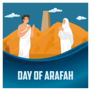 Parlak ve sembolik bir şekilde Arafah Günü 'nün dini törenini, dinsel giysiler içinde dingin bir çölde canlı bir gökyüzünün altında dua eden hacılarla vurguluyor. Düz vektör modern resimleme