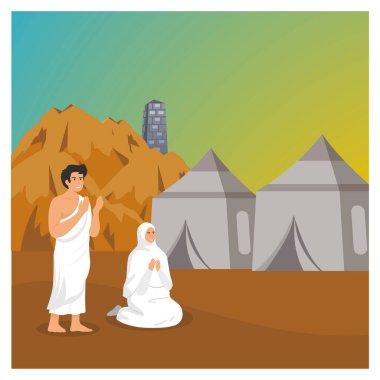 Beyaz elbiseli iki hacı, geleneksel çadırların yanında dua ederken ve arka planda ruhani bir yolculuğu sembolize eden bir dağ görürken resmedildi. Düz vektör modern resimleme