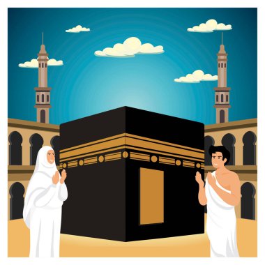 Mekke 'deki Kabe' de namaz kılan Müslüman hacıları göstermek, hac ve İslami ibadetin önemli yönlerini resmetmek. Düz vektör modern resimleme
