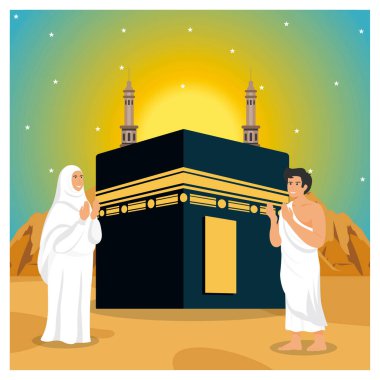 Mekke 'nin Kabe kenti yakınlarındaki dingin bir günbatımında hacıları geleneksel kıyafetlerle ifade etmek, inanç, bağlılık ve İslam ibadetinin önemli bir anını temsil ediyor. Düz vektör modern resimleme