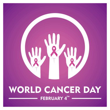 Dünya Kanser Günü 'nde, kanser kurdelelerini gösteren, farkındalığı, dayanışmayı sembolize eden ve dünya çapında kanserden kurtulanlara ve dövüşçülere destek veren eller kaldırıldı. Düz vektör modern resimleme