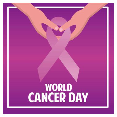 Dünya Kanser Günü farkındalığını ve kanserle mücadeleyi sembolize eden pembe kurdeleyi nazikçe destekleyen eller. Düz vektör modern resimleme