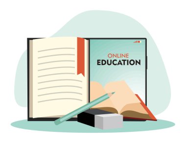 Online eğitimin temel bileşenleri, kitaplar, tablet, kalem ve silgi içerir. E-öğrenme, uzaktan öğrenme ve modern eğitim temaları için ideal. Düz vektör modern resimleme