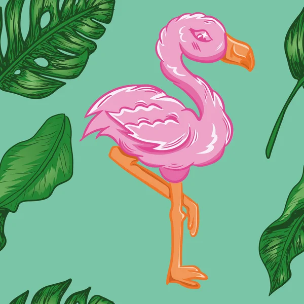 Flamingo Rosado Con Hojas Tropicales Ilustración Vectorial Patrón Sin Costuras — Vector de stock