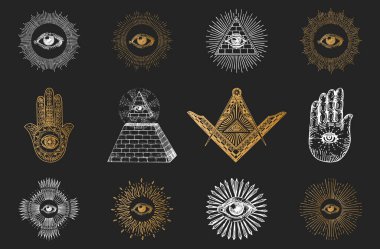 Masonluk sembolleri, kabartma stili vektör çizimleri, Her Gören Göz, Kare ve Pusula, Piramit. Avucundaki Hamsa ve Eye of Providence, klasik eskizler.