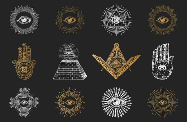 Freemasonry Symbols Set Vector Illustrations Engraving Style All Seeing Eye — Stock Vector