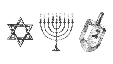 Davut 'un Yıldızı, Menorah ve Dredel, vektör el çizimleri, arka plan Hanuka sembolleri.