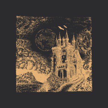 Lanetli kale, oymacılık tarzında illüstrasyon, vektör içinde gotik kilit olan el çizimi manzara çizimi