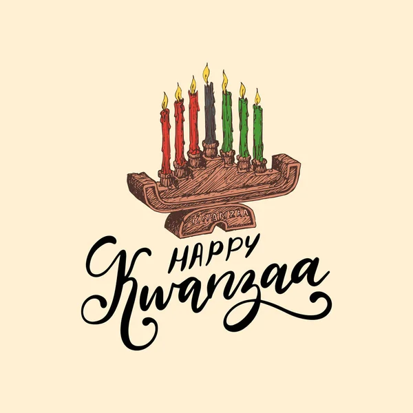 Happy Kwanzaa Lettrage Main Bougeoirs Kinara Illustration Dessinée Fond Vectoriel — Image vectorielle