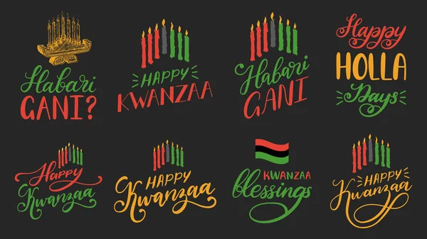 Set Scritte Mano Happy Kwanzaa Portacandele Kinara Bandiera Pan Africana — Vettoriale Stock
